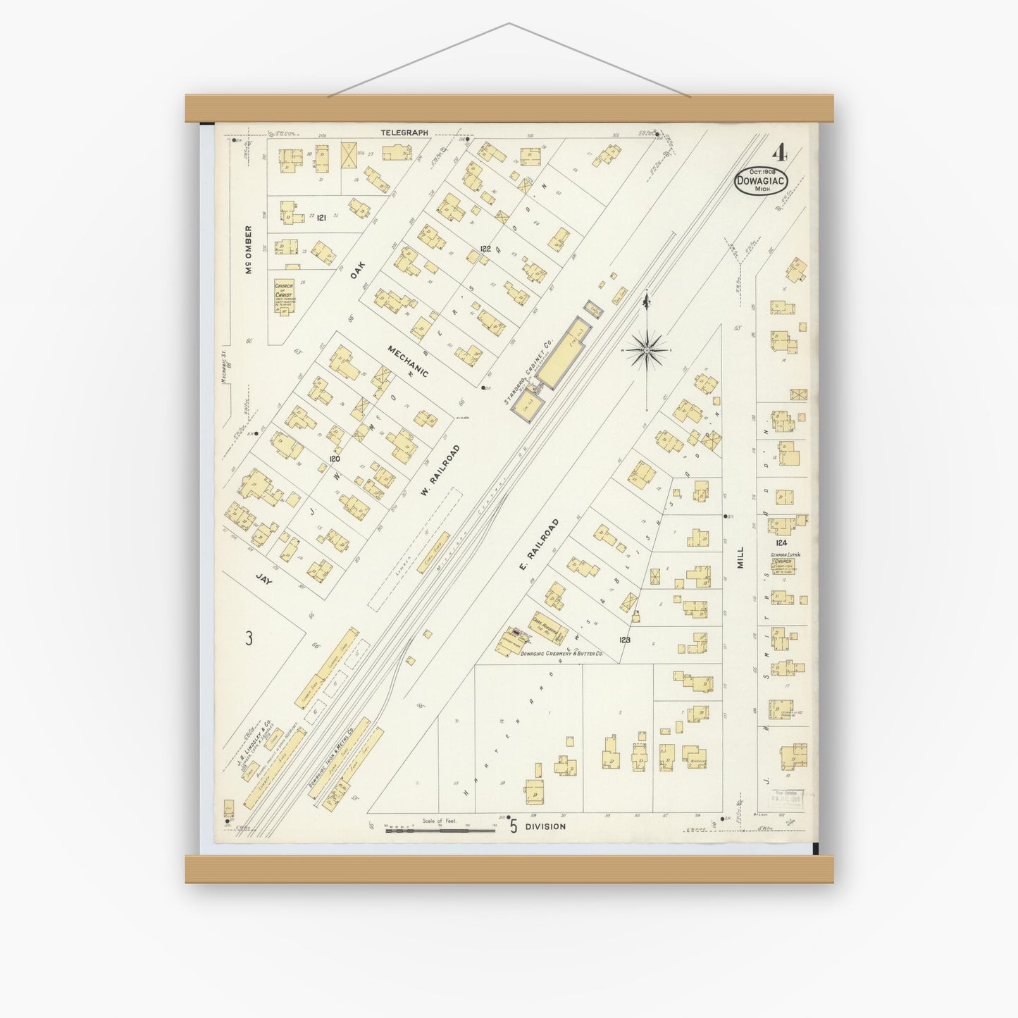 Old map wall art mockup — magnetic wood frame on white wall — Sanborn Fire Insurance Map from Dowagiac, Cass County, Michigan (1908), Sheet #0004