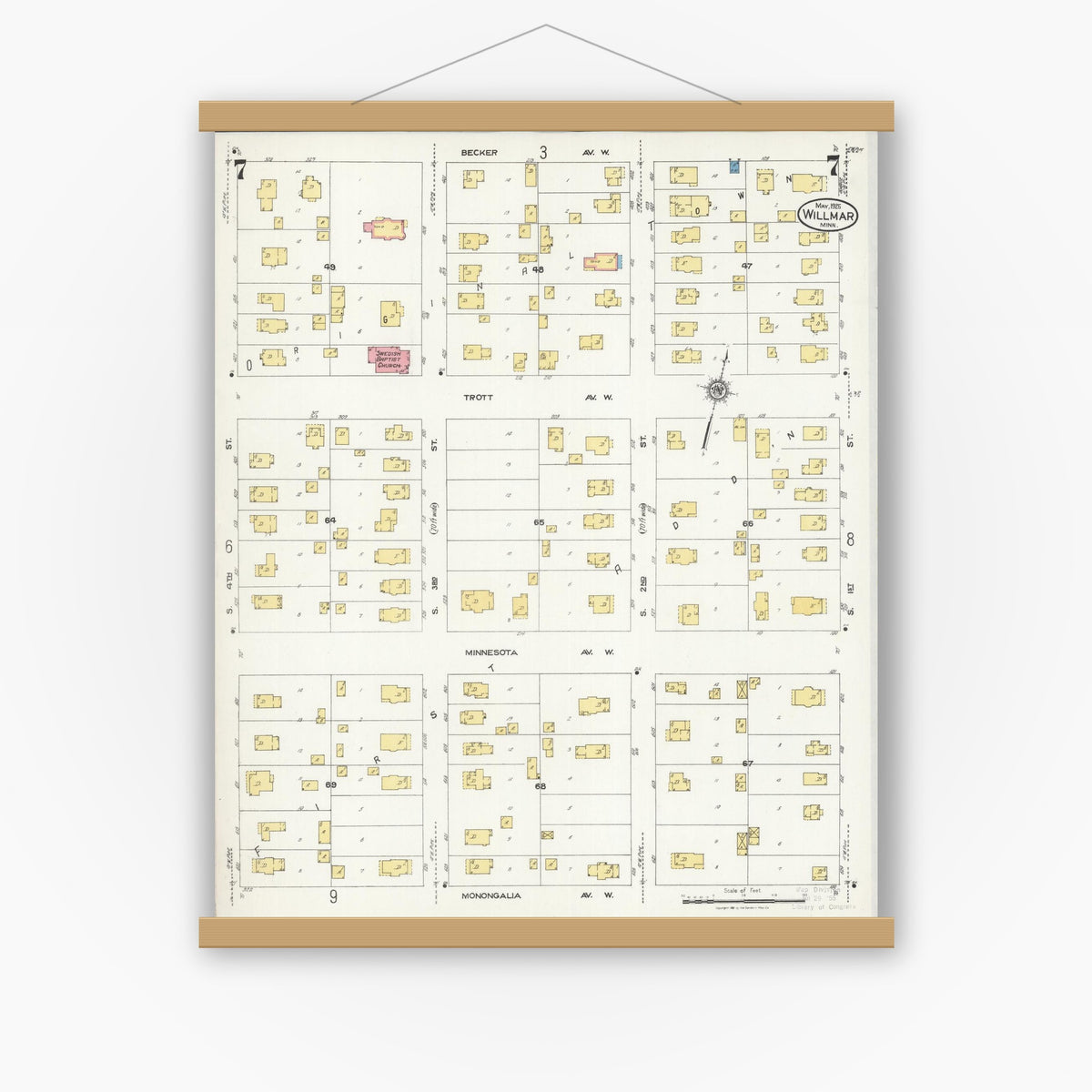 Old map wall art mockup — magnetic wood frame on white wall — Sanborn Fire Insurance Map from Willmar, Kandiyohi County, Minnesota (1925), Sheet #0007