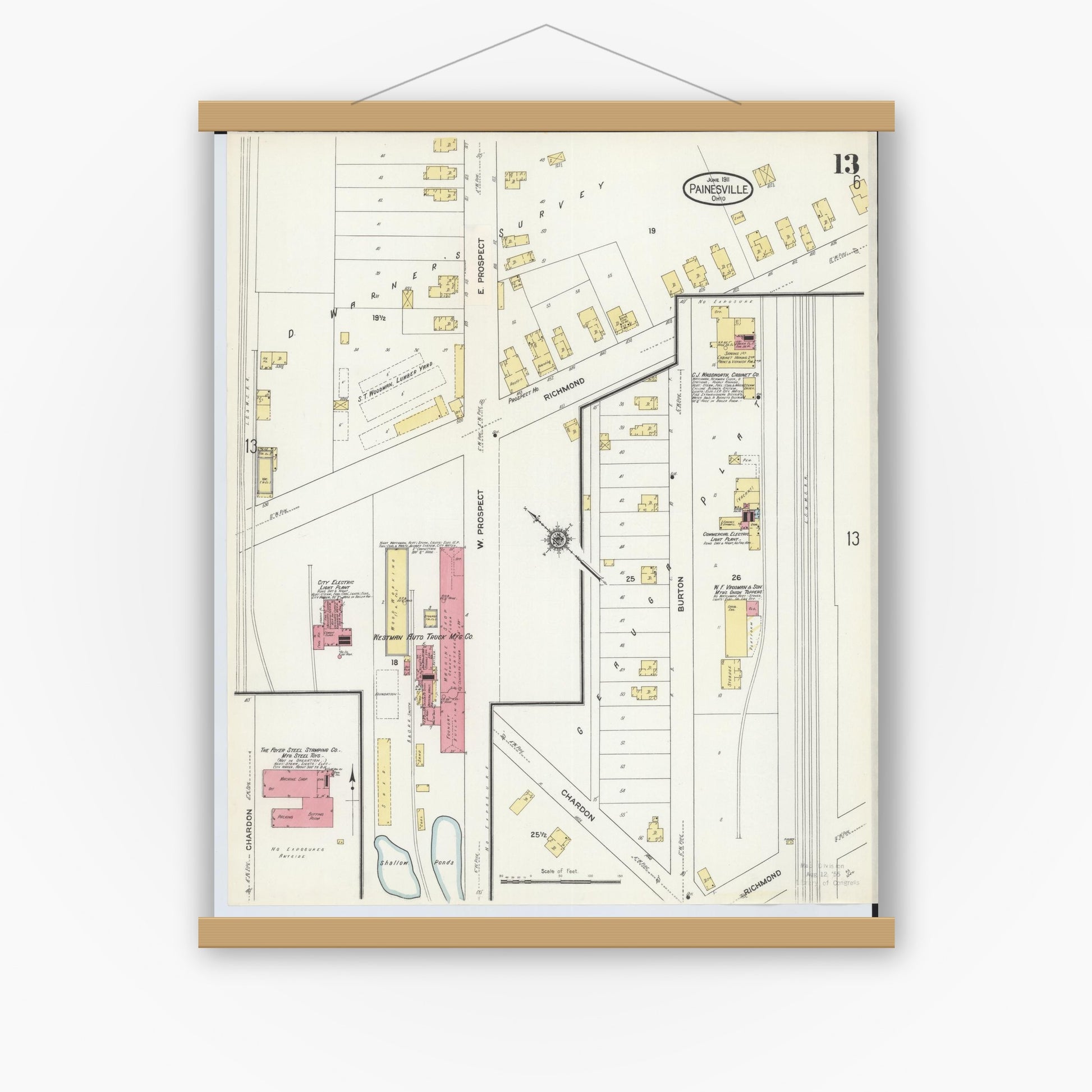Old map wall art mockup — magnetic wood frame on white wall — Sanborn Fire Insurance Map from Painesville, Lake County, Ohio (1911), Sheet #0013