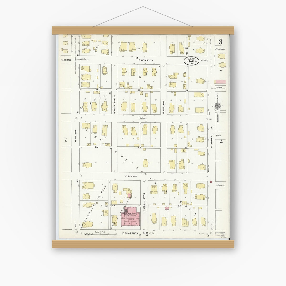 Old map wall art mockup — magnetic wood frame on white wall — Sanborn Fire Insurance Map from Brazil, Clay County, Indiana (1910), Sheet #0003