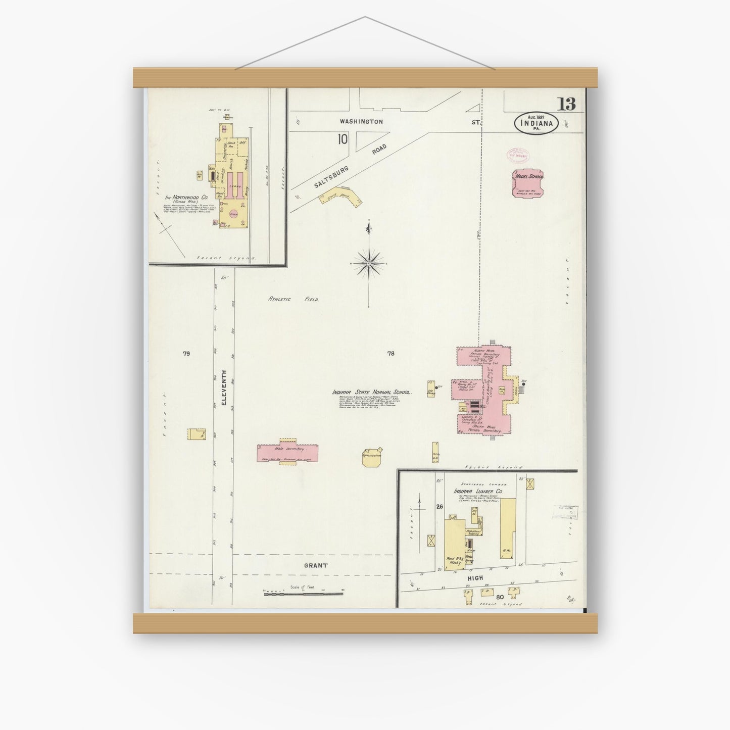 Old map wall art mockup — magnetic wood frame on white wall — Sanborn Fire Insurance Map from Indiana, Indiana County, Pennsylvania (1888), Sheet #0013