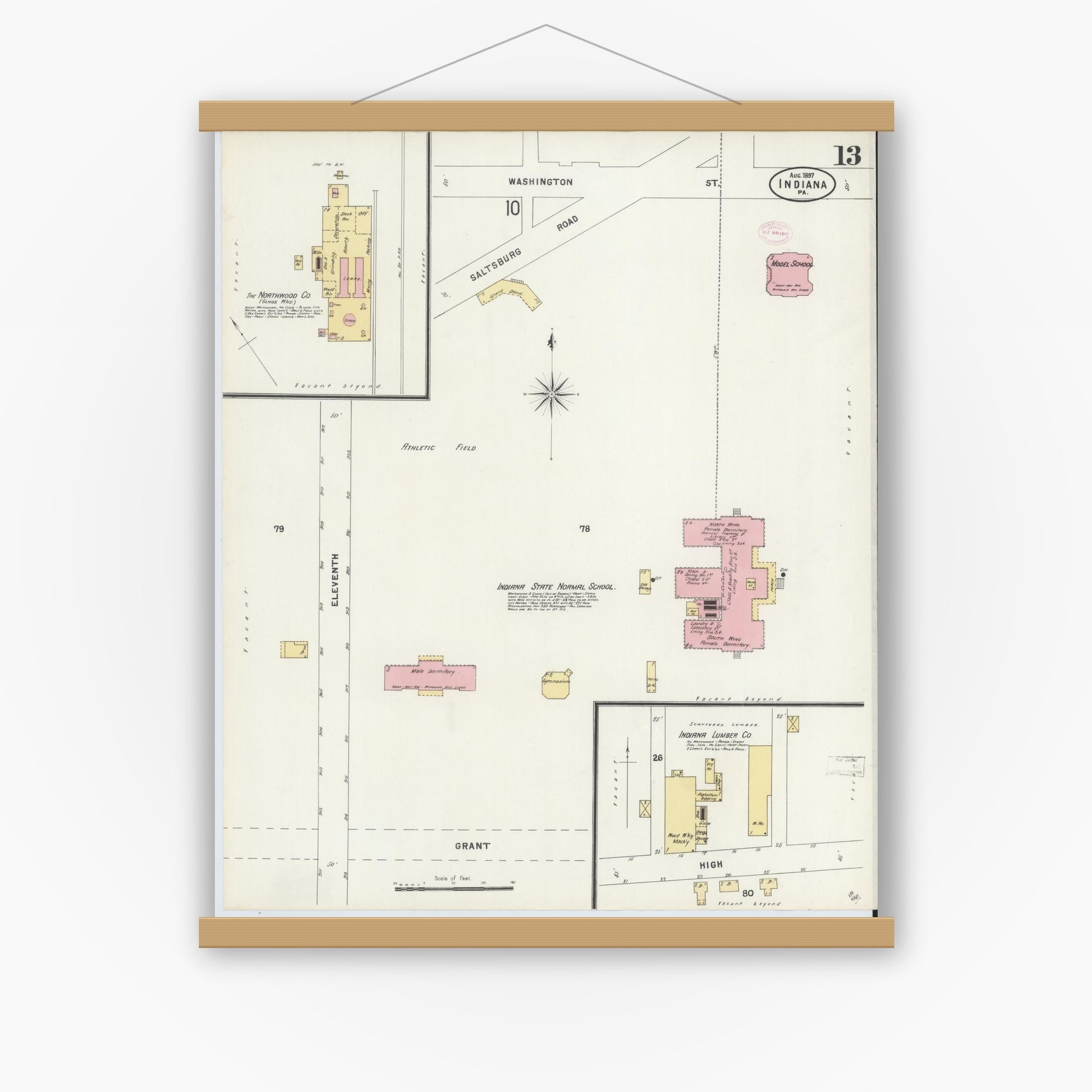 Old map wall art mockup — magnetic wood frame on white wall — Sanborn Fire Insurance Map from Indiana, Indiana County, Pennsylvania (1888), Sheet #0013