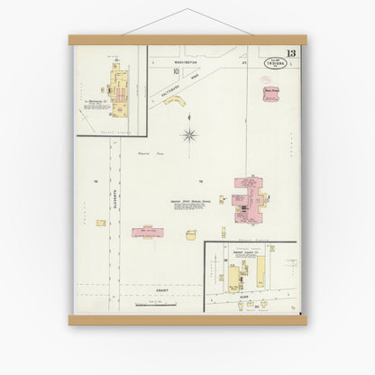 Old map wall art mockup — magnetic wood frame on white wall — Sanborn Fire Insurance Map from Indiana, Indiana County, Pennsylvania (1888), Sheet #0013