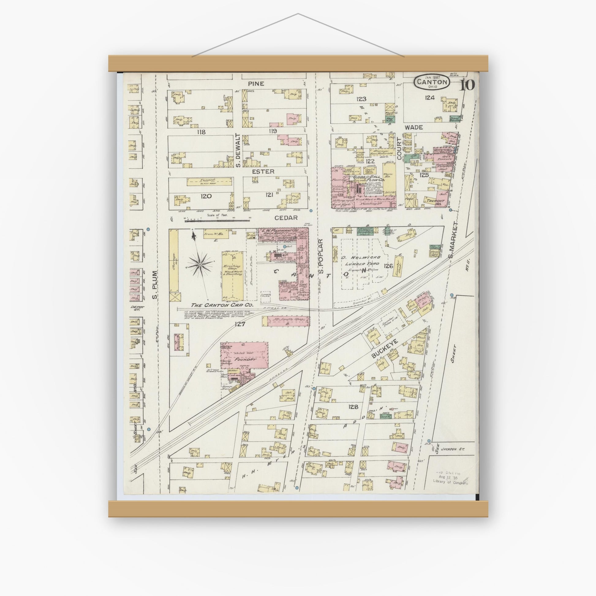 Old map wall art mockup — magnetic wood frame on white wall — Sanborn Fire Insurance Map from Canton, Stark County, Ohio (1887), Sheet #0010