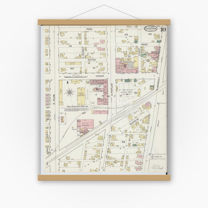 Old map wall art mockup — magnetic wood frame on white wall — Sanborn Fire Insurance Map from Canton, Stark County, Ohio (1887), Sheet #0010