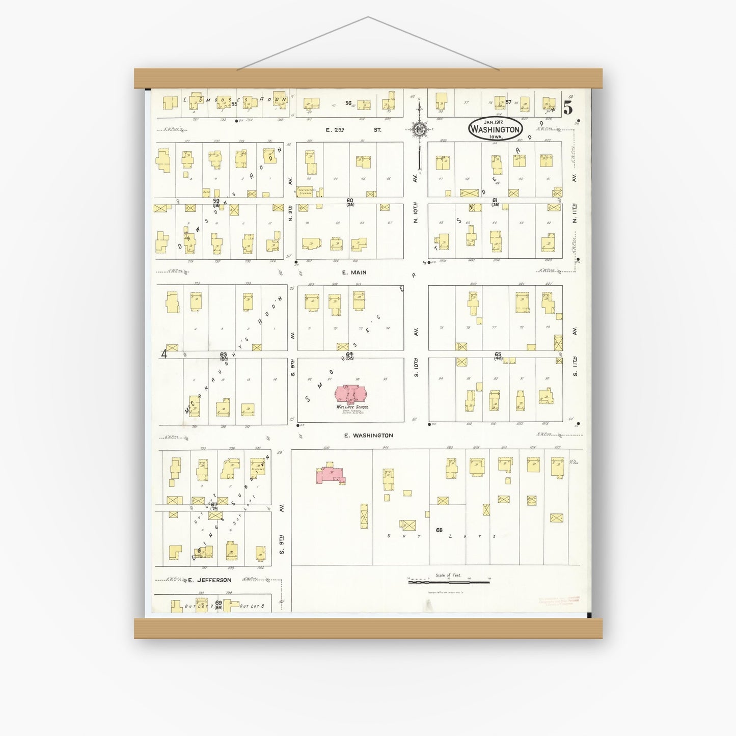 Old map wall art mockup — magnetic wood frame on white wall — Sanborn Fire Insurance Map from Washington, Washington County, Iowa (1917), Sheet #0005