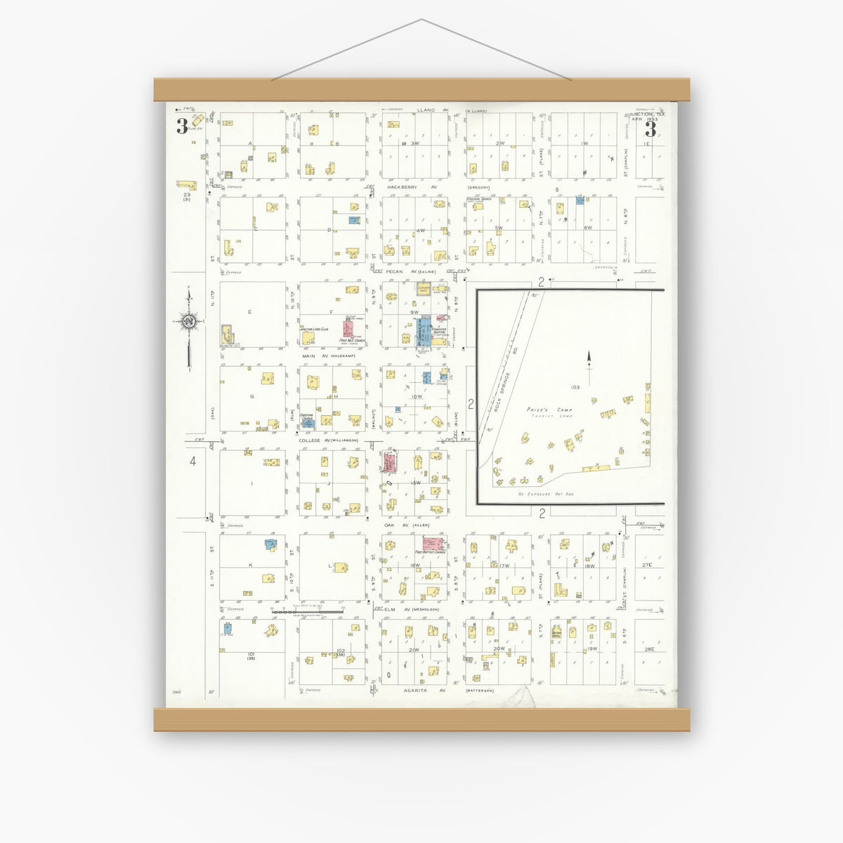 Old map wall art mockup — magnetic wood frame on white wall — Sanborn Fire Insurance Map from Junction, Kimble County, Texas (1933), Sheet #0003