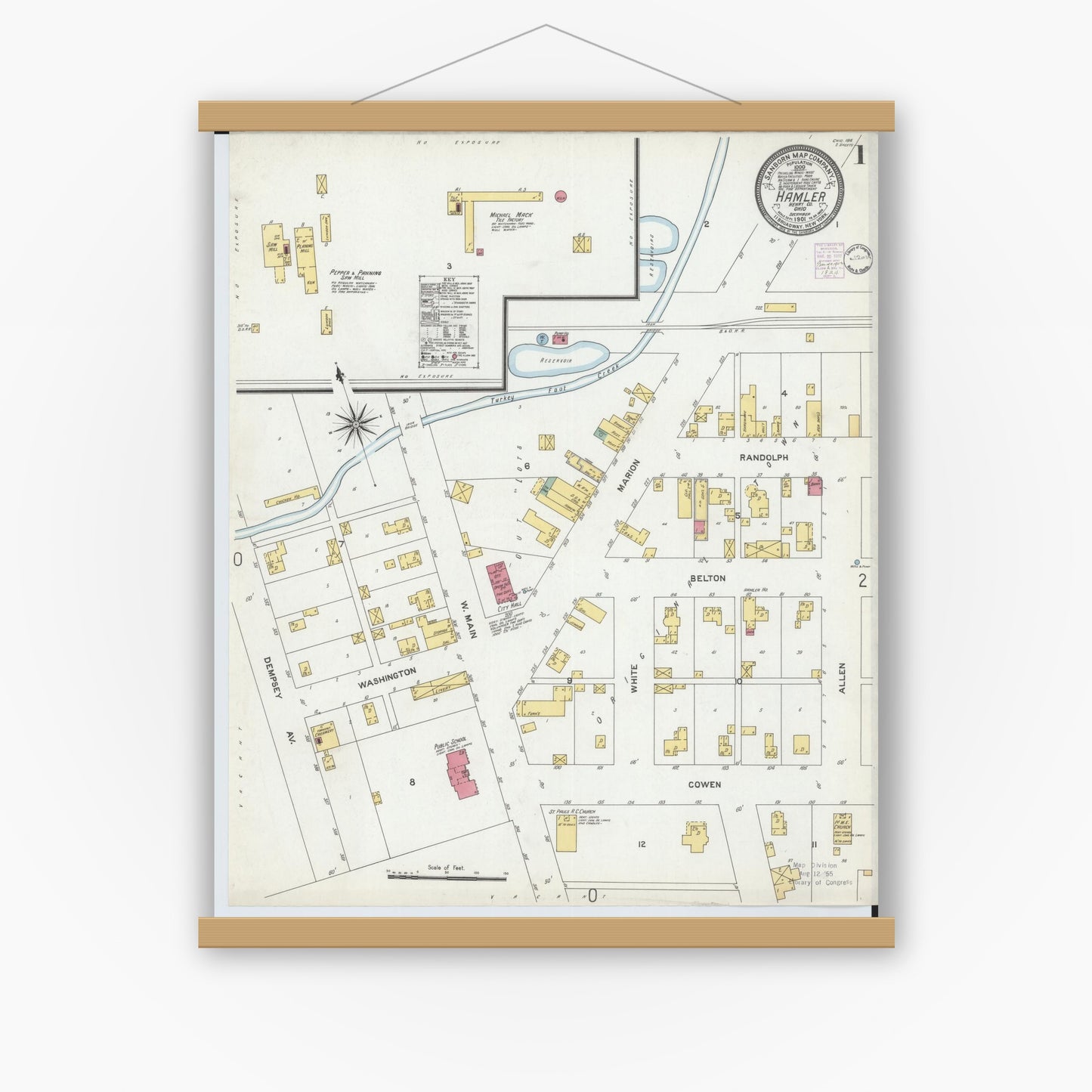 Old map wall art mockup — magnetic wood frame on white wall — Sanborn Fire Insurance Map from Hamler, Henry County, Ohio (1901) - Complete Map Set