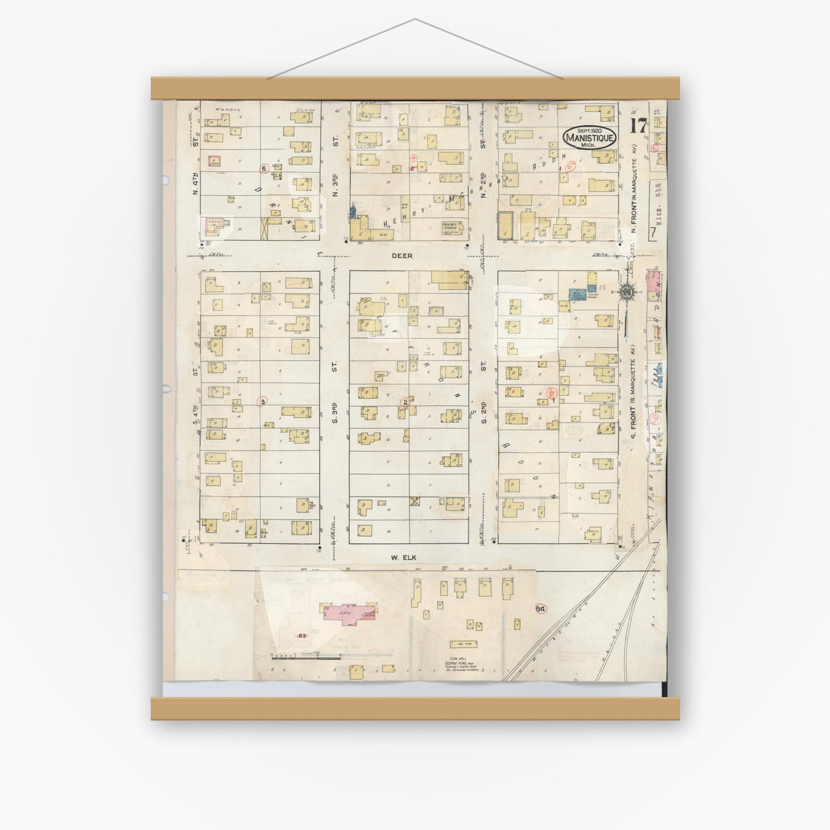 Old map wall art mockup — magnetic wood frame on white wall — Sanborn Fire Insurance Map from Manistique, Schoolcraft County, Michigan (1950), Sheet #0017
