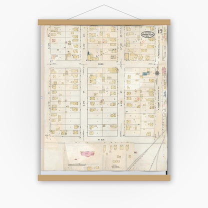 Old map wall art mockup — magnetic wood frame on white wall — Sanborn Fire Insurance Map from Manistique, Schoolcraft County, Michigan (1950), Sheet #0017