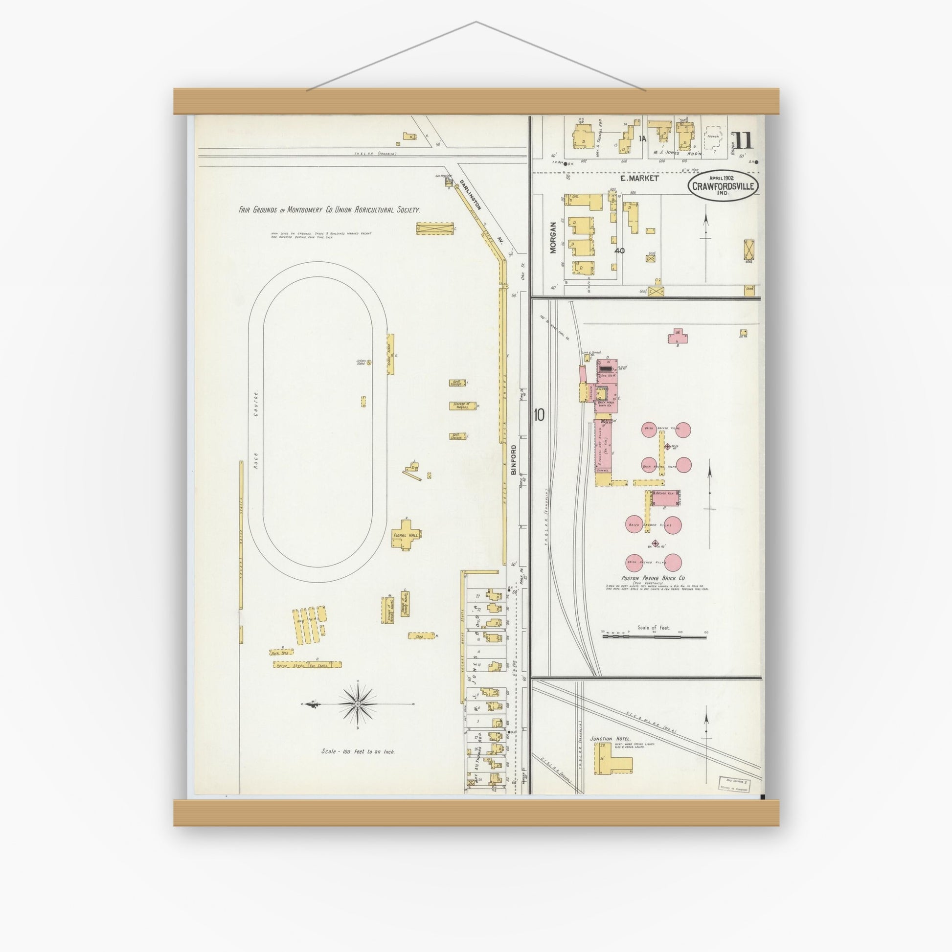 Old map wall art mockup — magnetic wood frame on white wall — Sanborn Fire Insurance Map from Crawfordsville, Montgomery County, Indiana (1902), Sheet #0011