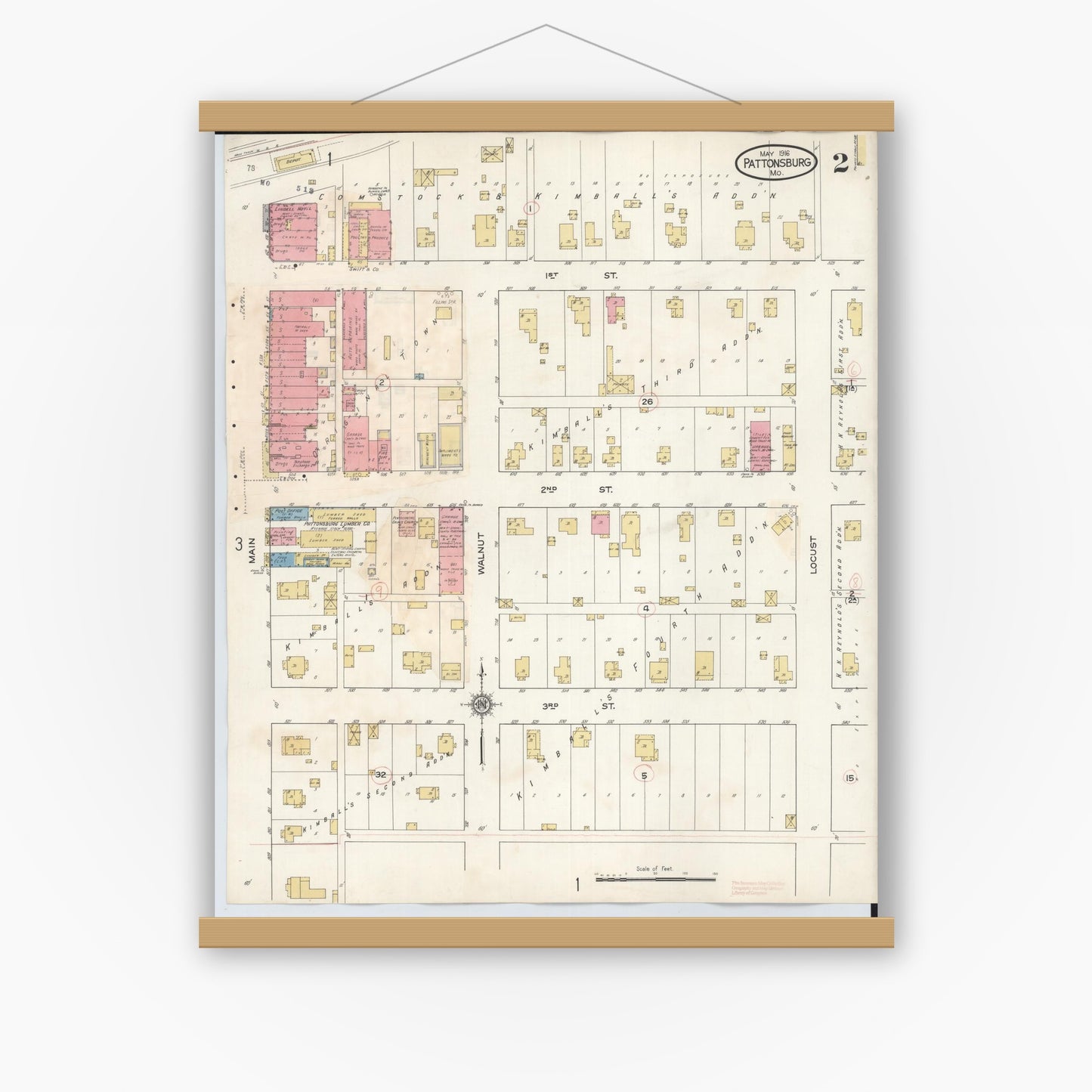Old map wall art mockup — magnetic wood frame on white wall — Sanborn Fire Insurance Map from Pattonsburg, Daviess County, Missouri (1931), Sheet #0002