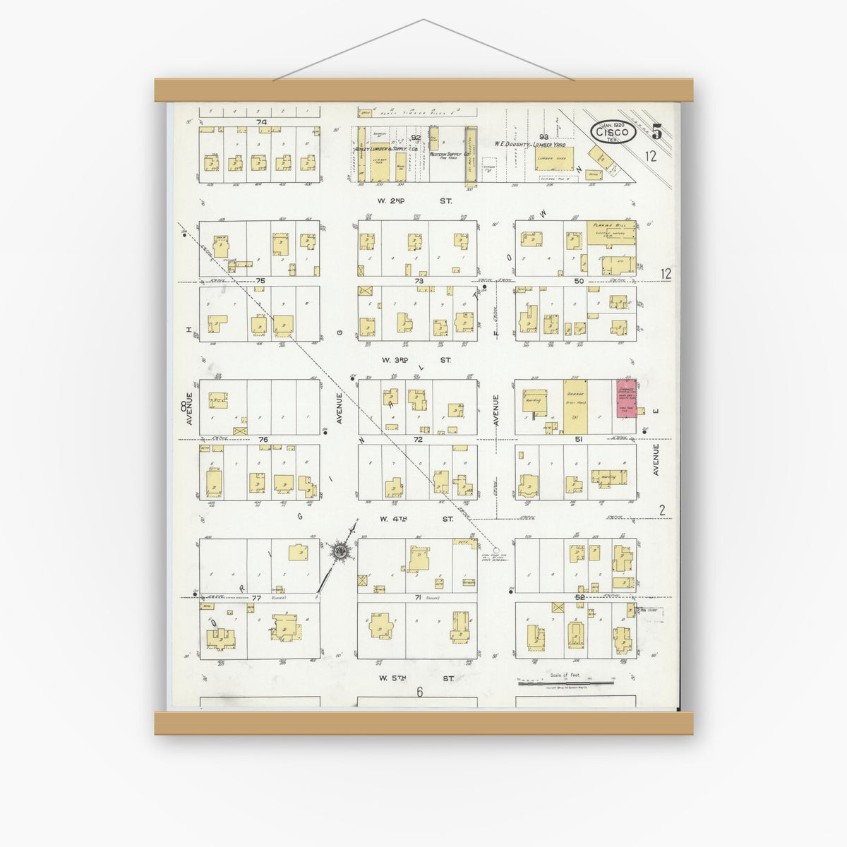 Old map wall art mockup — magnetic wood frame on white wall — Sanborn Fire Insurance Map from Cisco, Eastland County, Texas (1920), Sheet #0005