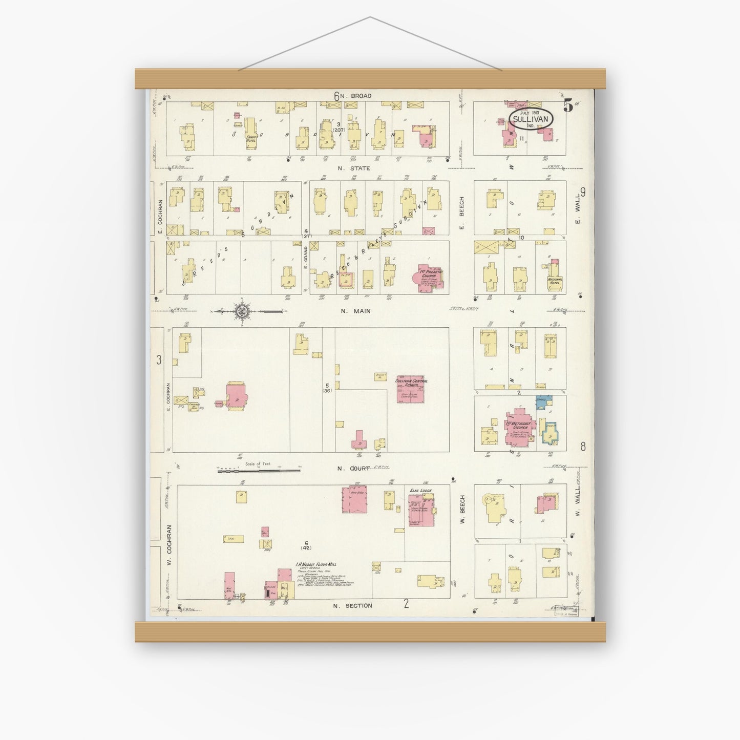 Old map wall art mockup — magnetic wood frame on white wall — Sanborn Fire Insurance Map from Sullivan, Sullivan County, Indiana (1913), Sheet #0005