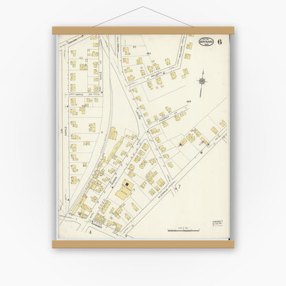 Old map wall art mockup — magnetic wood frame on white wall — Sanborn Fire Insurance Map from Maynard, Middlesex County, Massachusetts (1915), Sheet #0006