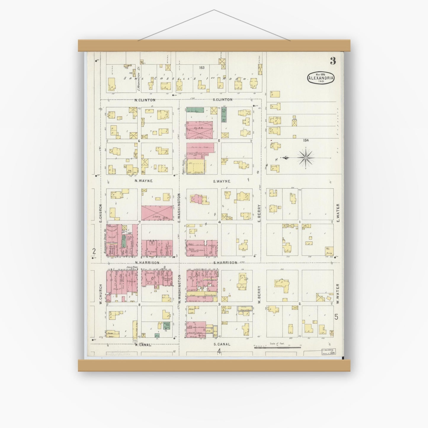 Old map wall art mockup — magnetic wood frame on white wall — Sanborn Fire Insurance Map from Alexandria, Madison County, Indiana (1896), Sheet #0003