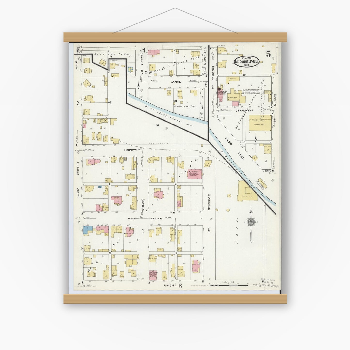 Old map wall art mockup — magnetic wood frame on white wall — Sanborn Fire Insurance Map from McConnelsville, Morgan County, Ohio (1917), Sheet #0005