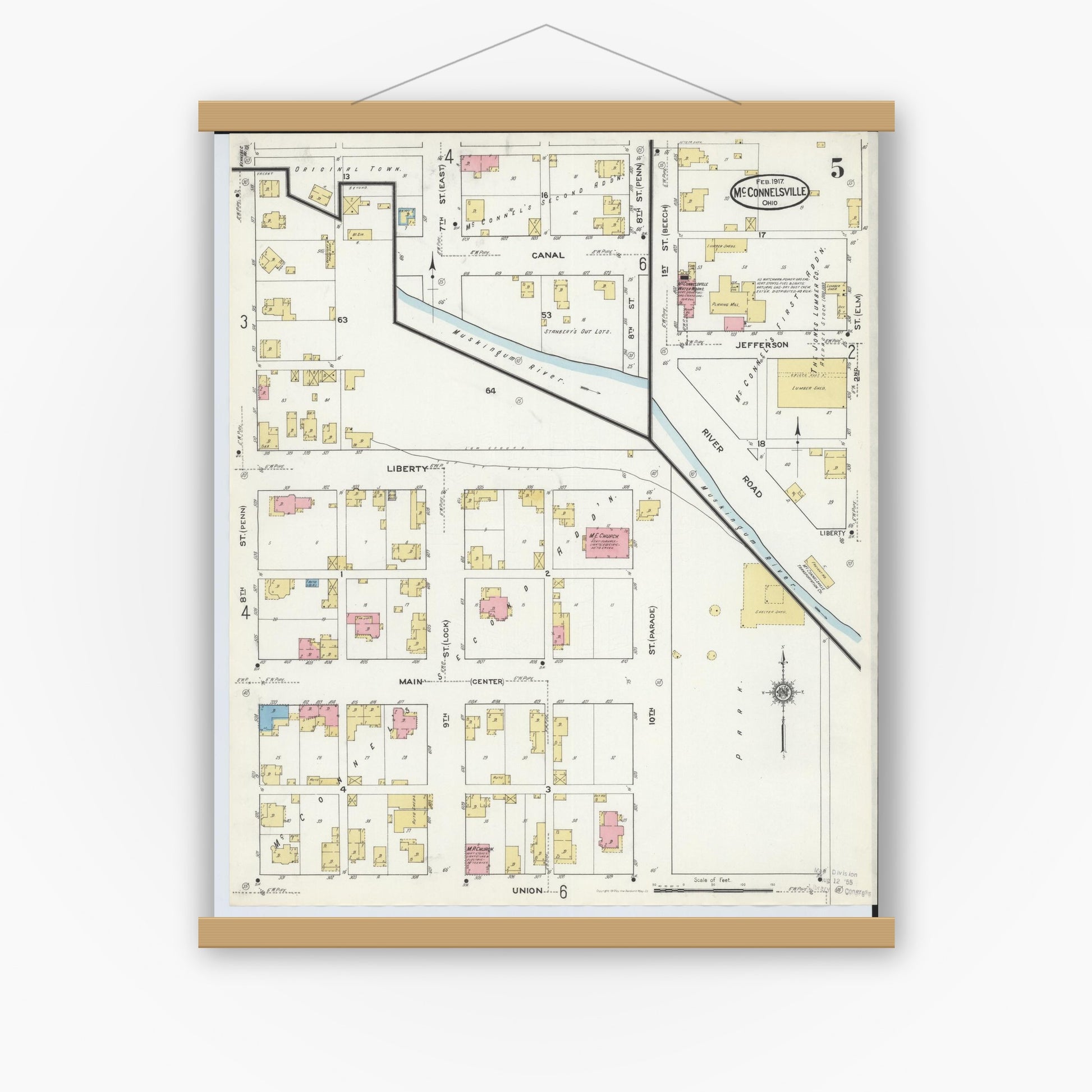 Old map wall art mockup — magnetic wood frame on white wall — Sanborn Fire Insurance Map from McConnelsville, Morgan County, Ohio (1917), Sheet #0005