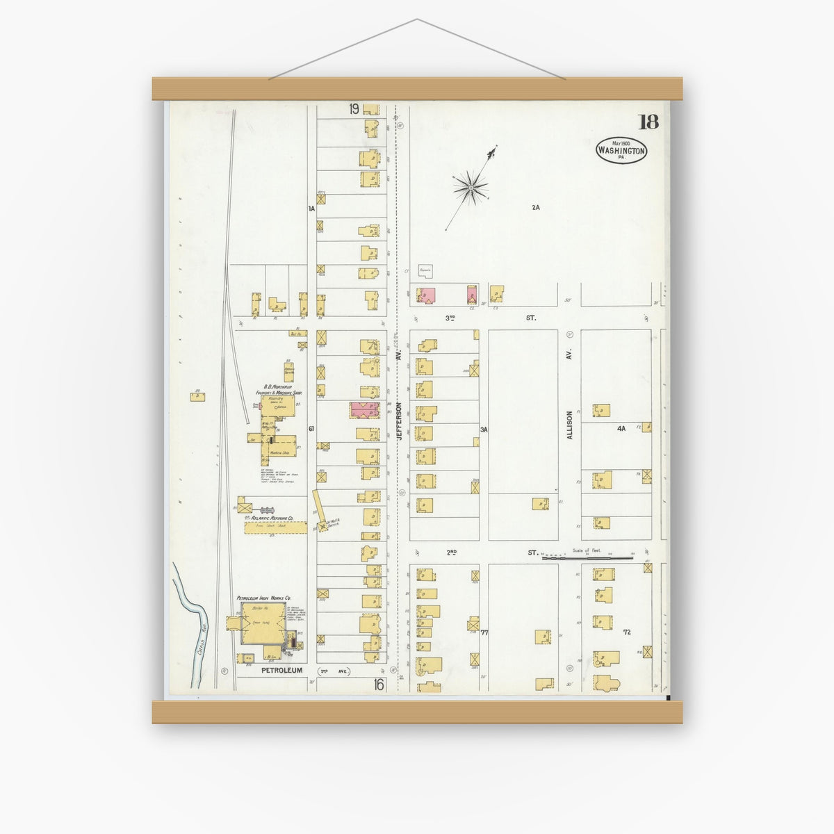 Old map wall art mockup — magnetic wood frame on white wall — Sanborn Fire Insurance Map from Washington, Washington County, Pennsylvania (1900), Sheet #0018