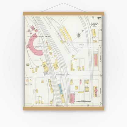Old map wall art mockup — magnetic wood frame on white wall — Sanborn Fire Insurance Map from Madison, Dane County, Wisconsin (1902), Sheet #0032