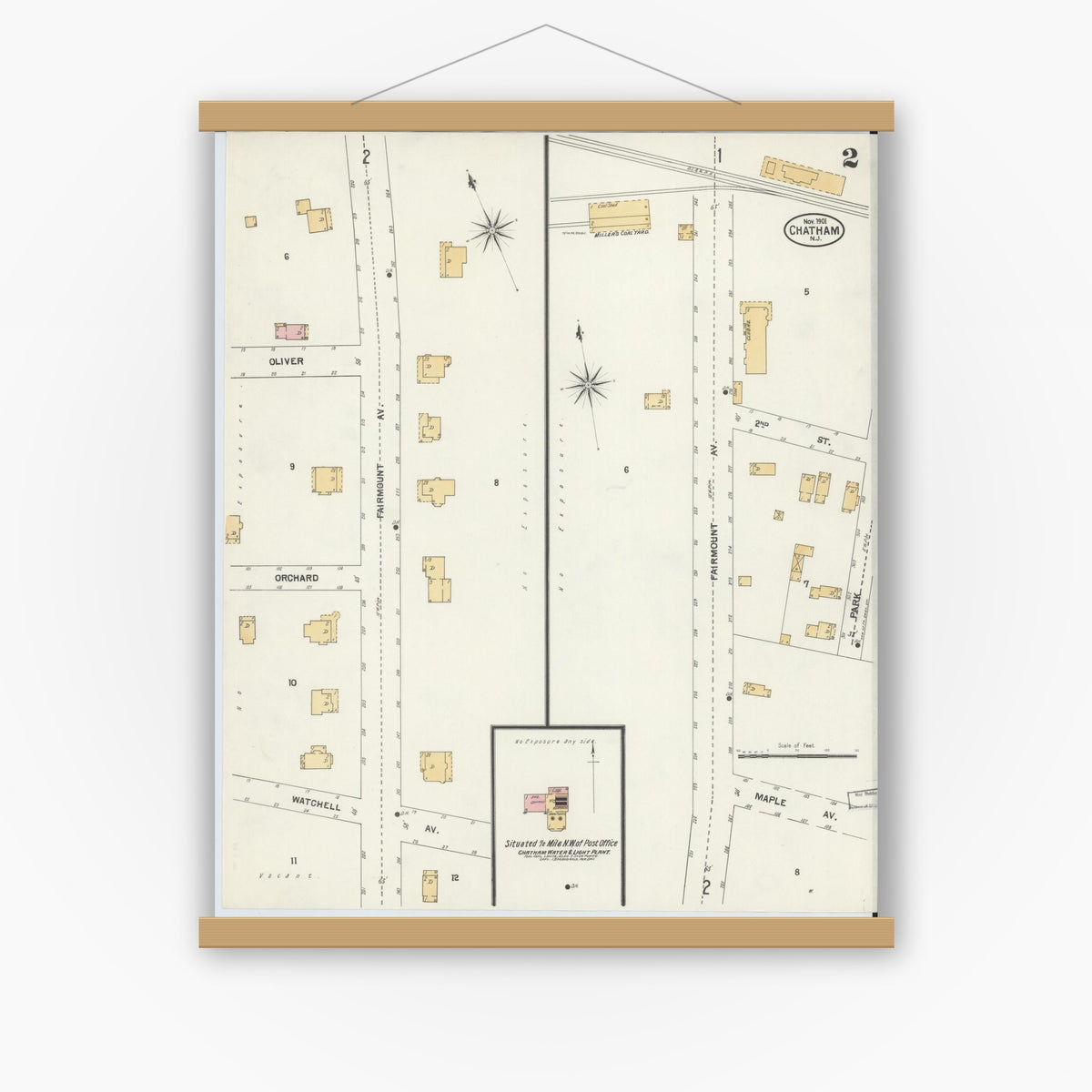 Old map wall art mockup — magnetic wood frame on white wall — Sanborn Fire Insurance Map from Chatham, Morris County, New Jersey (1901), Sheet #0002