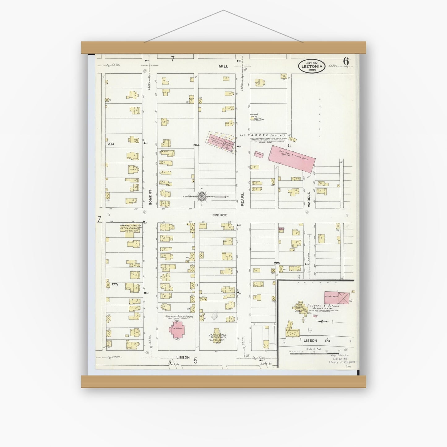 Old map wall art mockup — magnetic wood frame on white wall — Sanborn Fire Insurance Map from Leetonia, Columbiana County, Ohio (1910), Sheet #0006