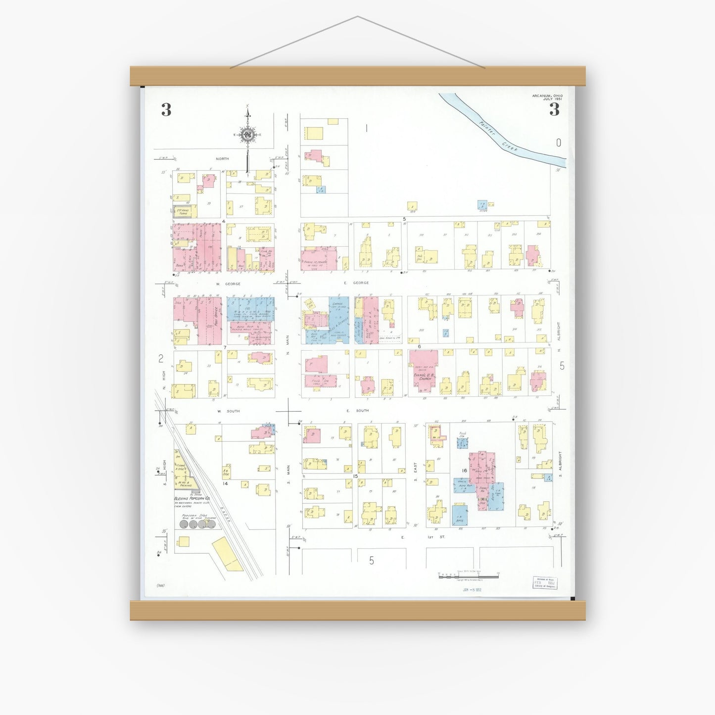 Old map wall art mockup — magnetic wood frame on white wall — Sanborn Fire Insurance Map from Arcanum, Darke County, Ohio (1951), Sheet #0003