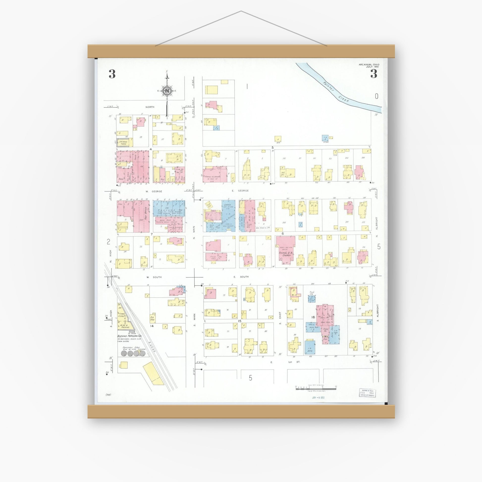 Old map wall art mockup — magnetic wood frame on white wall — Sanborn Fire Insurance Map from Arcanum, Darke County, Ohio (1951), Sheet #0003
