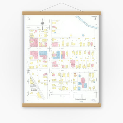 Old map wall art mockup — magnetic wood frame on white wall — Sanborn Fire Insurance Map from Arcanum, Darke County, Ohio (1951), Sheet #0003