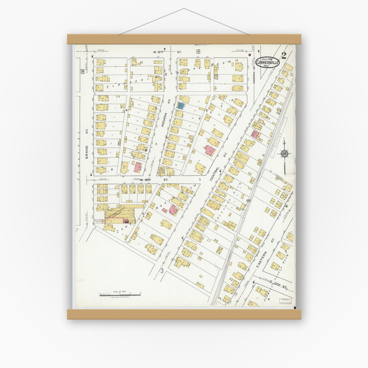 Old map wall art mockup — magnetic wood frame on white wall — Sanborn Fire Insurance Map from Connersville, Fayette County, Indiana (1919), Sheet #0002
