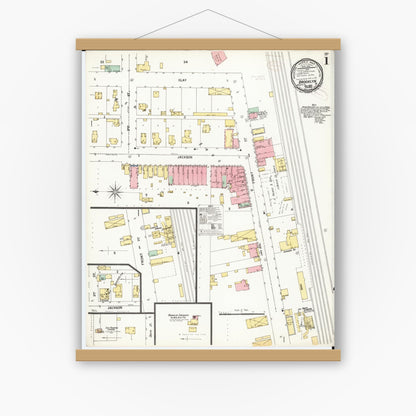 Old map wall art mockup — magnetic wood frame on white wall — Sanborn Fire Insurance Map from Brooklyn, Poweshiek County, Iowa (1899) â€” Complete Set