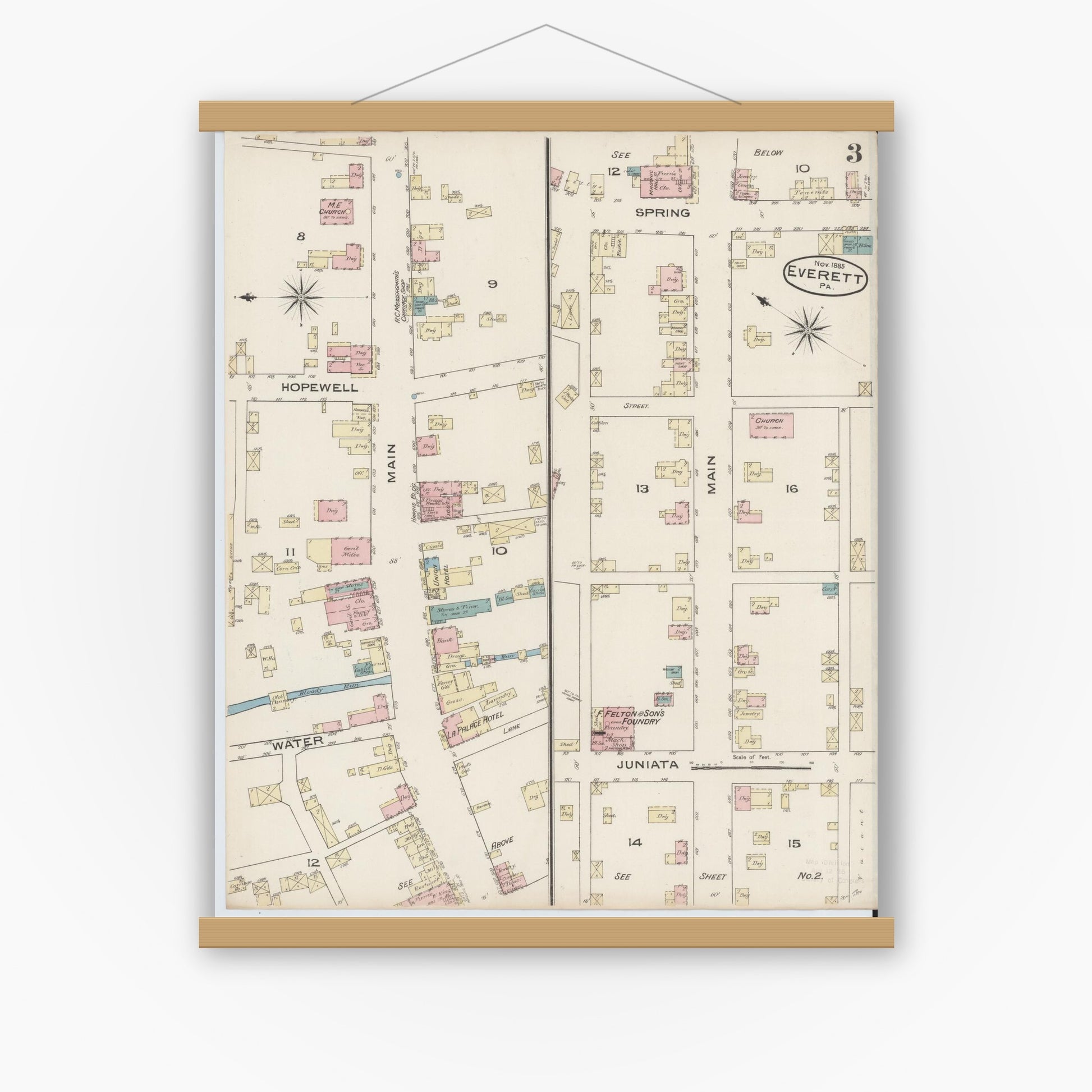 Old map wall art mockup — magnetic wood frame on white wall — Sanborn Fire Insurance Map from Everett, Bedford County, Pennsylvania (1885), Sheet #0003