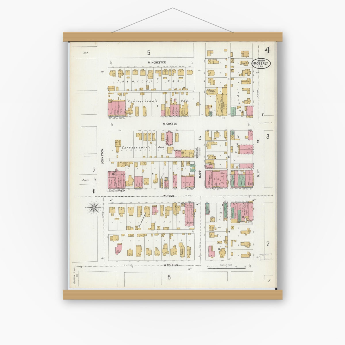 Old map wall art mockup — magnetic wood frame on white wall — Sanborn Fire Insurance Map from Moberly, Randolph County, Missouri (1899), Sheet #0004