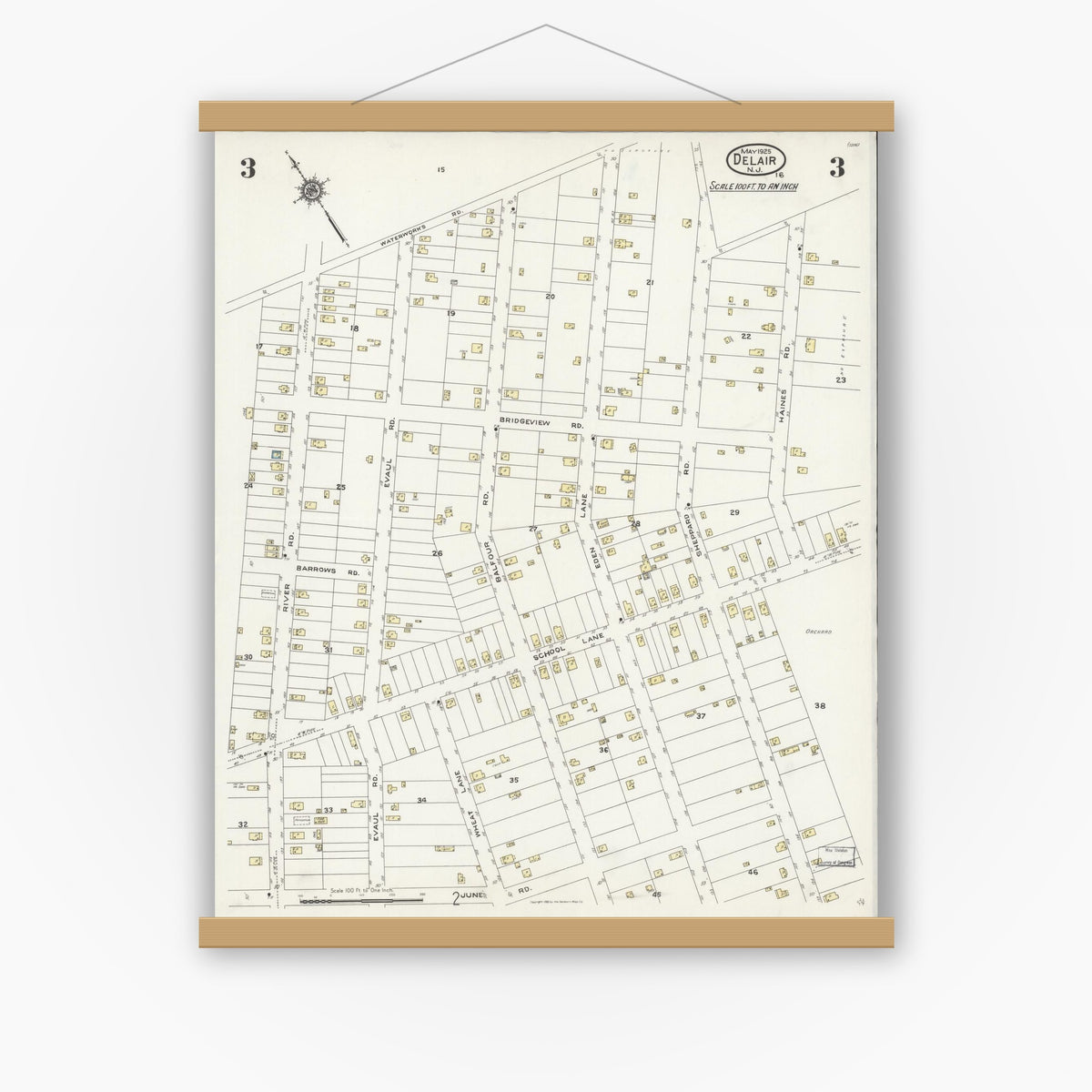 Old map wall art mockup — magnetic wood frame on white wall — Sanborn Fire Insurance Map from Delair, Camden County, New Jersey (1925), Sheet #0003