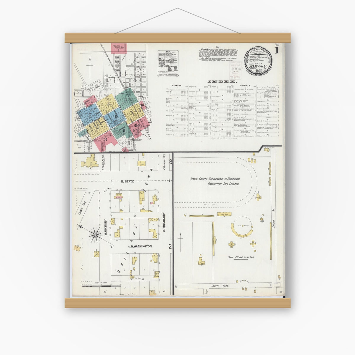 Old map wall art mockup — magnetic wood frame on white wall — Sanborn Fire Insurance Map from Jerseyville, Jersey County, Illinois (1900), Sheet #0001