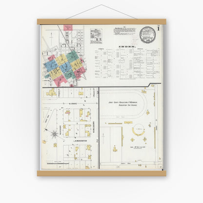 Old map wall art mockup — magnetic wood frame on white wall — Sanborn Fire Insurance Map from Jerseyville, Jersey County, Illinois (1900), Sheet #0001