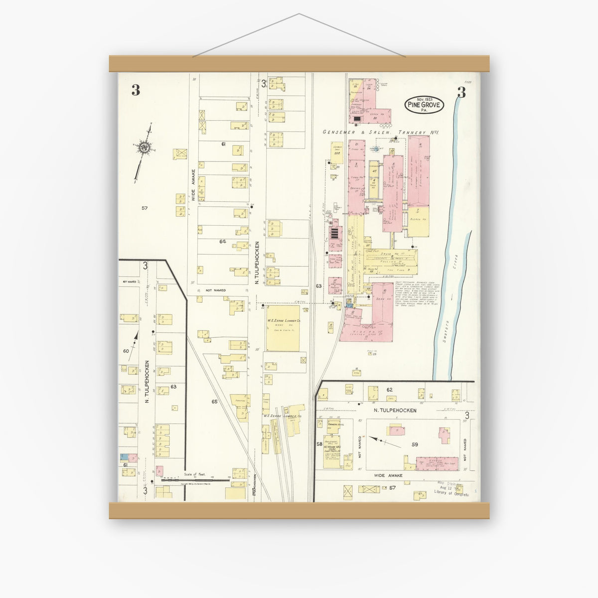 Old map wall art mockup — magnetic wood frame on white wall — Sanborn Fire Insurance Map from Pine Grove, Schuylkill County, Pennsylvania (1923), Sheet #0003