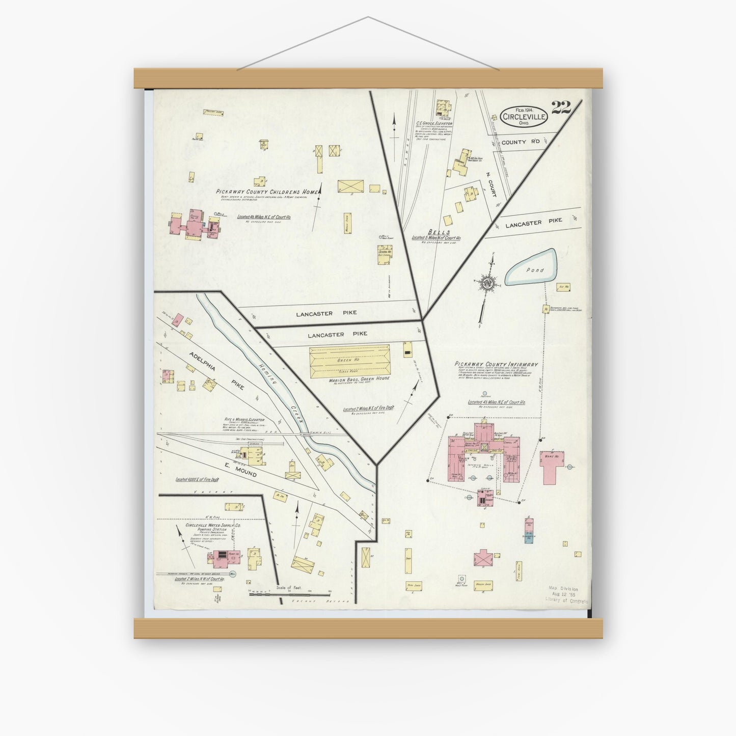 Old map wall art mockup — magnetic wood frame on white wall — Sanborn Fire Insurance Map from Circleville, Pickaway County, Ohio (1914), Sheet #0022