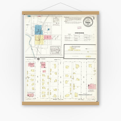 Old map wall art mockup — magnetic wood frame on white wall — Sanborn Fire Insurance Map from Traer, Tama County, Iowa (1913), Sheet #0001