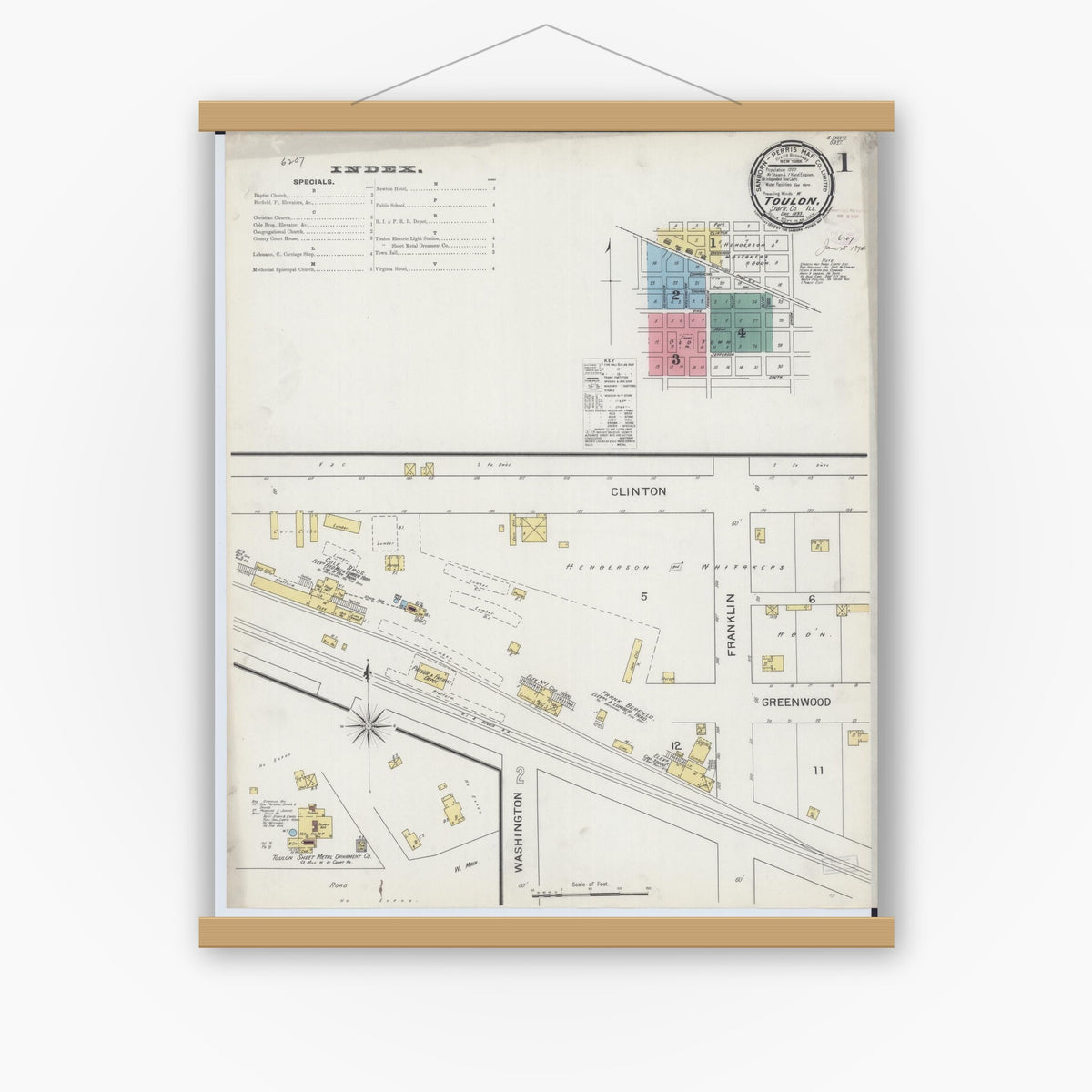 Old map wall art mockup — magnetic wood frame on white wall — Sanborn Fire Insurance Map from Toulon, Stark County, Illinois (1893), Sheet #0001