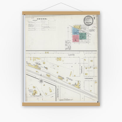 Old map wall art mockup — magnetic wood frame on white wall — Sanborn Fire Insurance Map from Toulon, Stark County, Illinois (1893), Sheet #0001