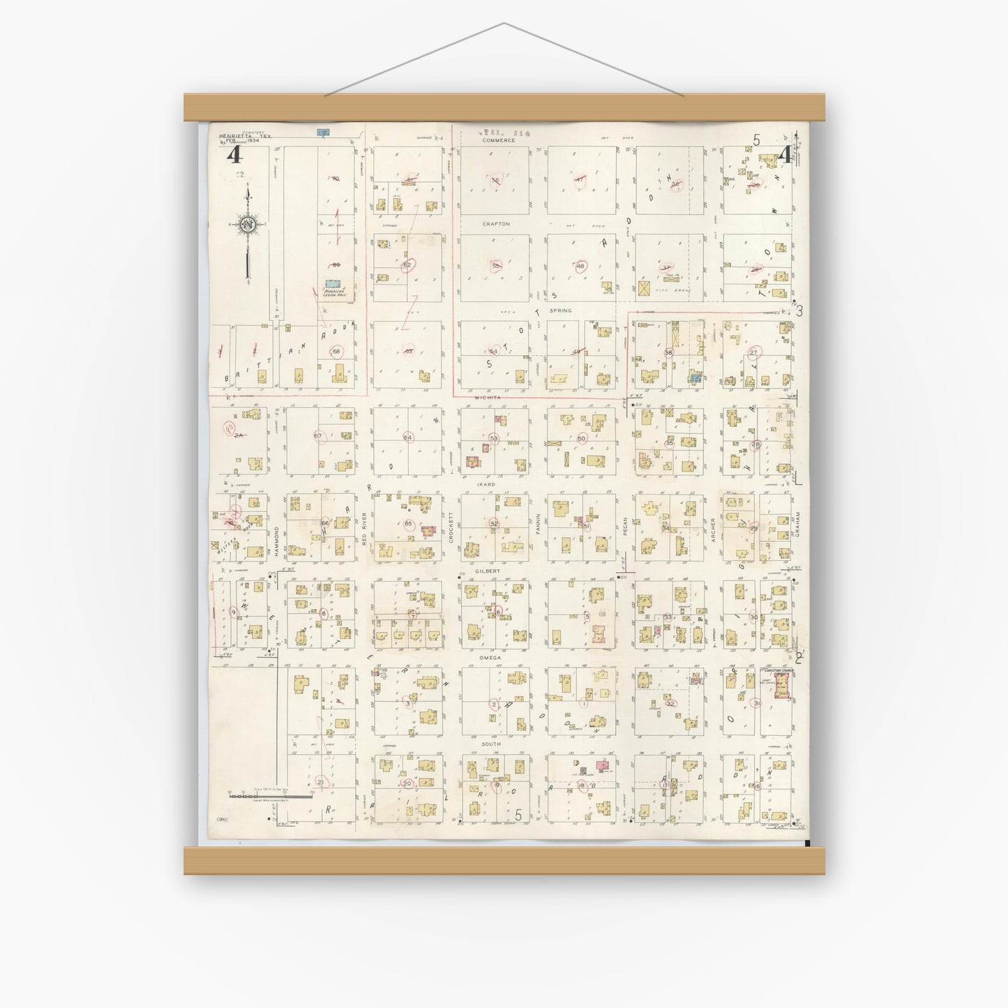 Old map wall art mockup — magnetic wood frame on white wall — Sanborn Fire Insurance Map from Henrietta, Clay County, Texas (1944), Sheet #0004