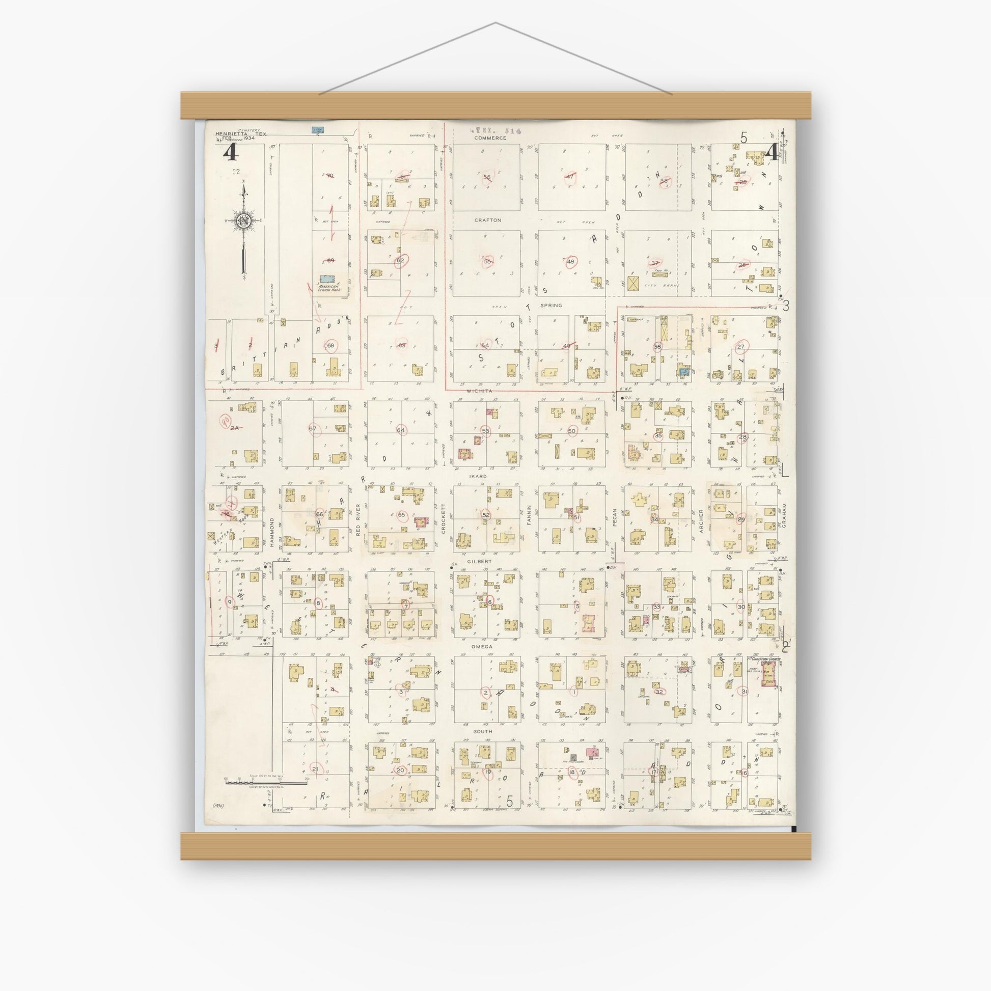 Old map wall art mockup — magnetic wood frame on white wall — Sanborn Fire Insurance Map from Henrietta, Clay County, Texas (1944), Sheet #0004