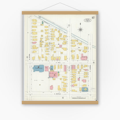 Old map wall art mockup — magnetic wood frame on white wall — Sanborn Fire Insurance Map from Ithaca, Tompkins County, New York (1904), Sheet #0017