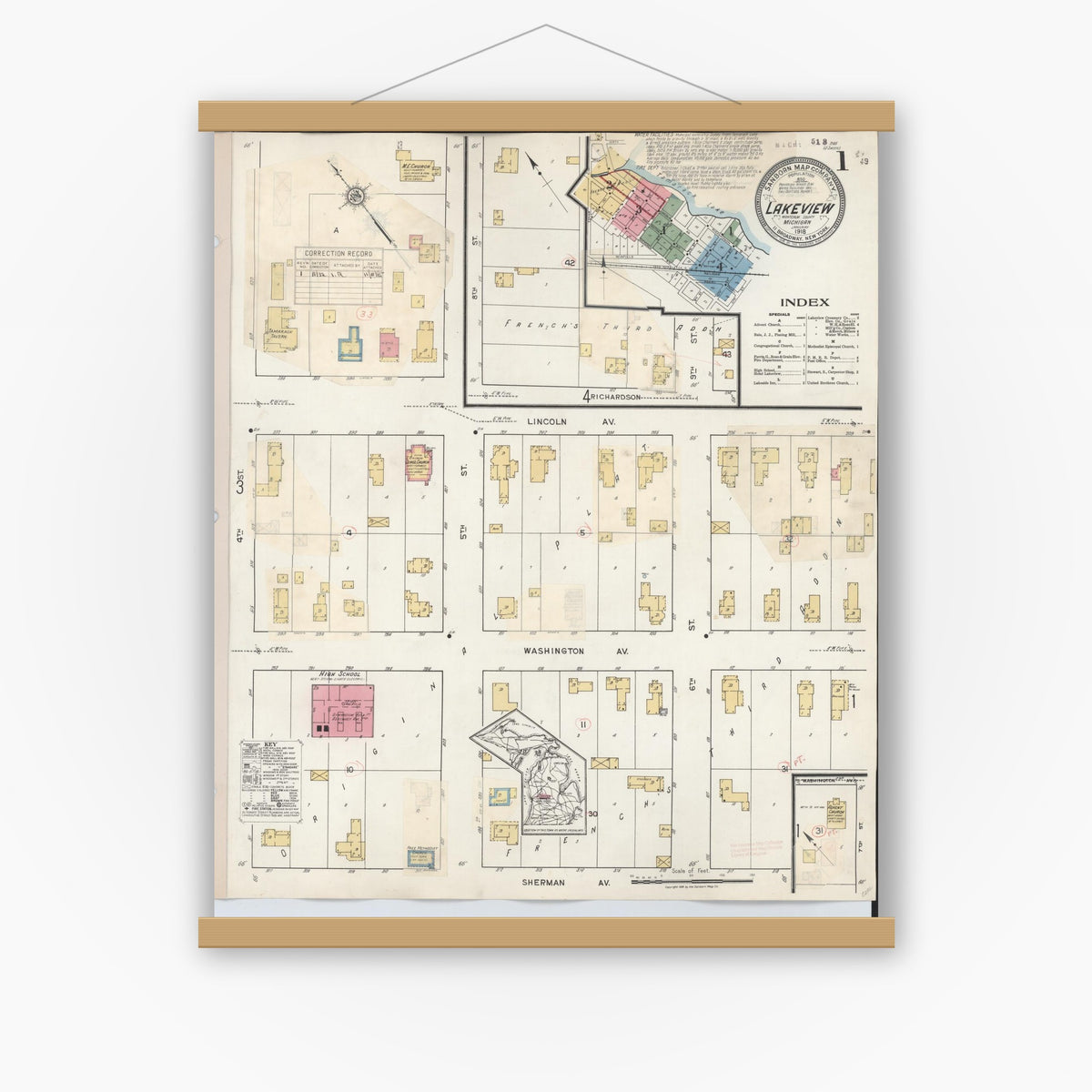 Old map wall art mockup — magnetic wood frame on white wall — Sanborn Fire Insurance Map from Lakeview, Montcalm County, Michigan (1932), Sheet #0001