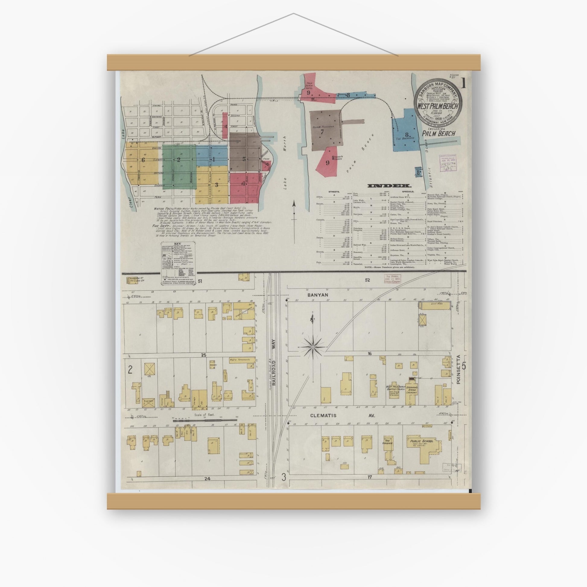 Old map wall art mockup — magnetic wood frame on white wall — Sanborn Fire Insurance Map from West Palm Beach, Dade County, Florida (1908), Sheet #0001