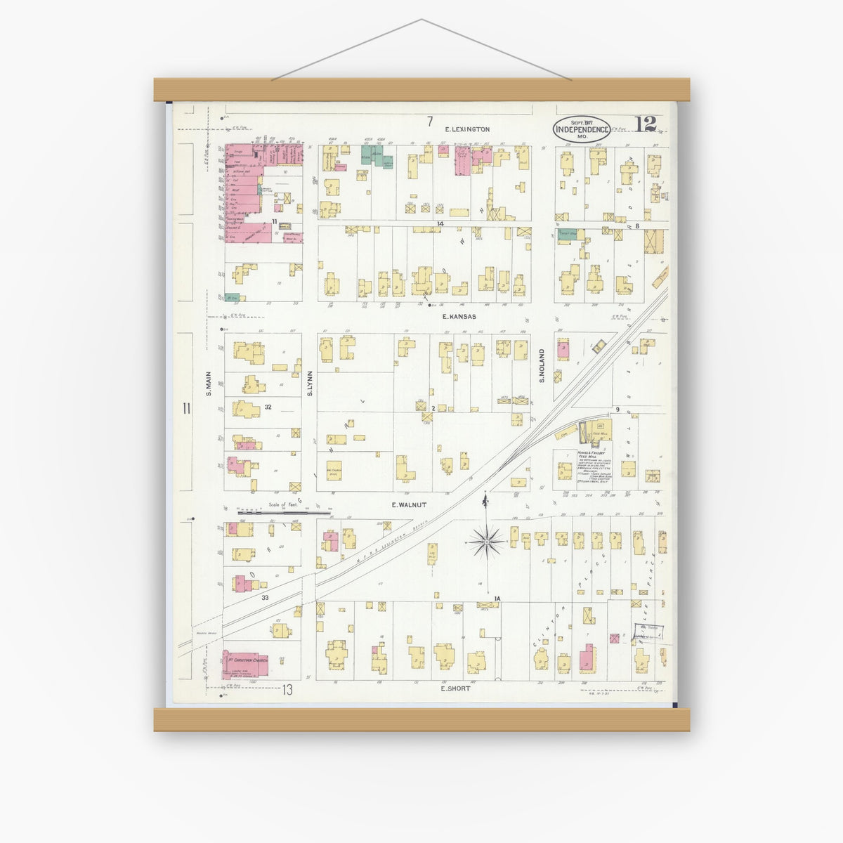 Old map wall art mockup — magnetic wood frame on white wall — Sanborn Fire Insurance Map from Independence, Jackson County, Missouri (1907), Sheet #0012