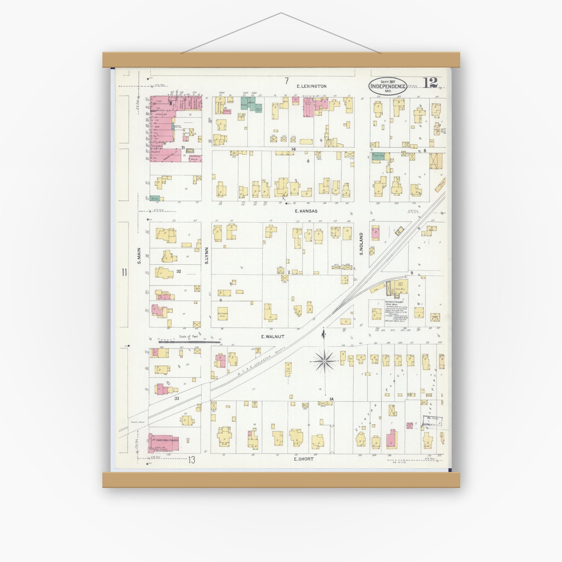 Old map wall art mockup — magnetic wood frame on white wall — Sanborn Fire Insurance Map from Independence, Jackson County, Missouri (1907), Sheet #0012