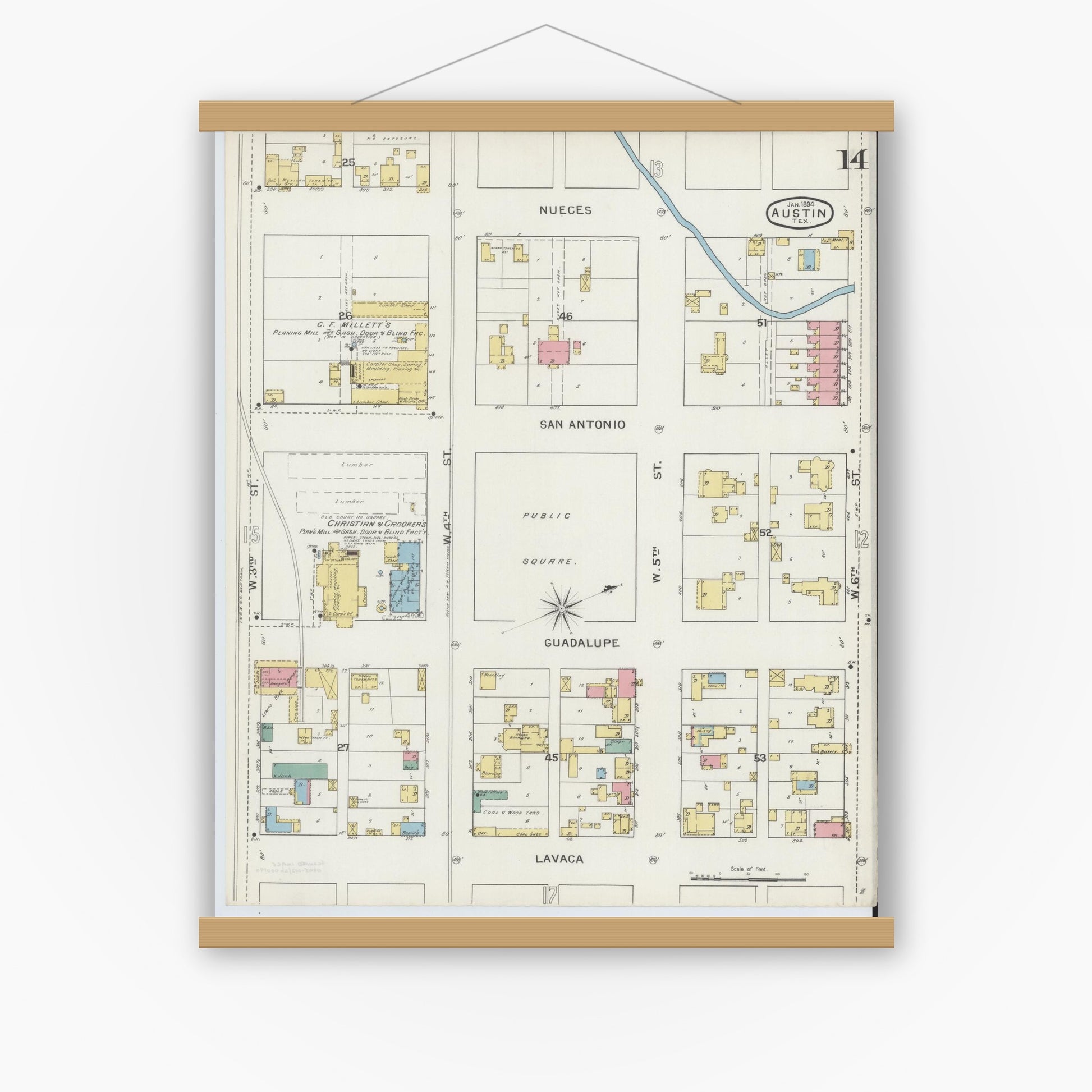 Old map wall art mockup — magnetic wood frame on white wall — Sanborn Fire Insurance Map from Austin, Travis County, Texas (1894), Sheet #0014