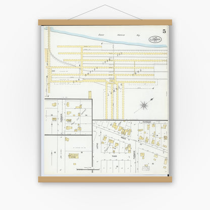 Old map wall art mockup — magnetic wood frame on white wall — Sanborn Fire Insurance Map from Elk Rapids, Antrim County, Michigan (1900), Sheet #0005